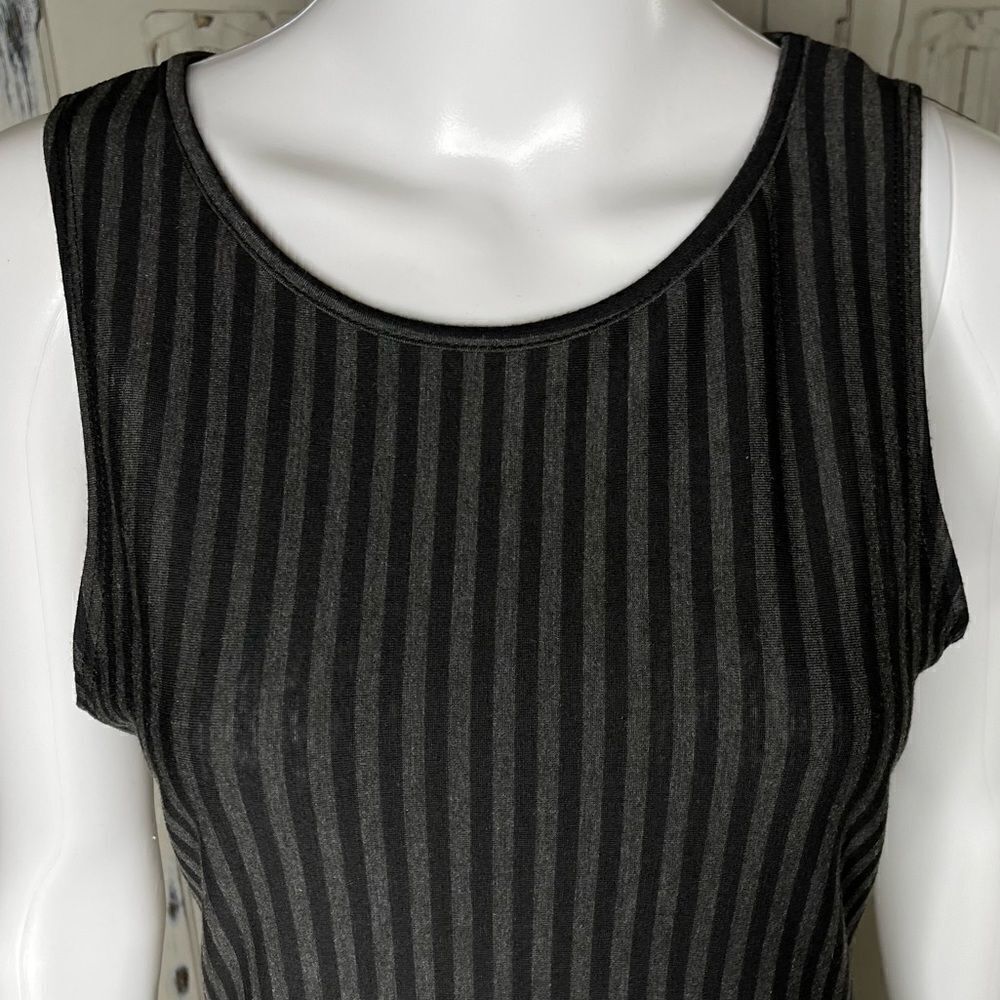 Cleo Black Gray Stripe Fringe Hemline Sleeveless Midi Dress Size Medium - Picture 5 of 16